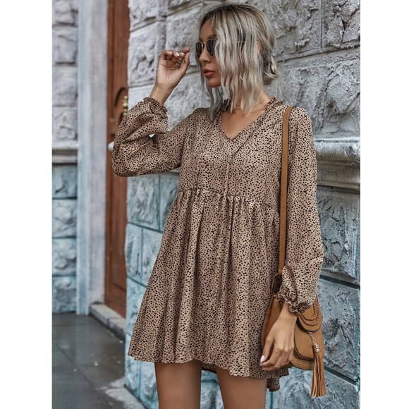 Rouge! Dresses & Skirts - Tan Dress with Black Dalmatian Print Mini, Short All Over Spotted Print Loose